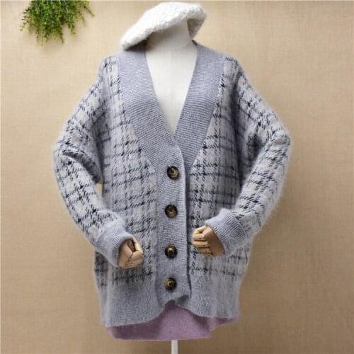 Heavy thick female women winter thick warm angora rabbit hair knitwear long sleeves v-neck loose cardigans jacket coat sweater