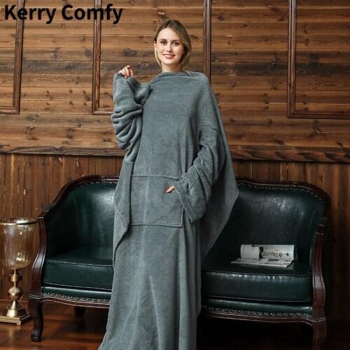 Wearable Fleece Blanket With Sleeves Pockets Warm Thick Warm Thick TV Hooded Sweater Soft Dress Weighted Blanket For Bed Travel