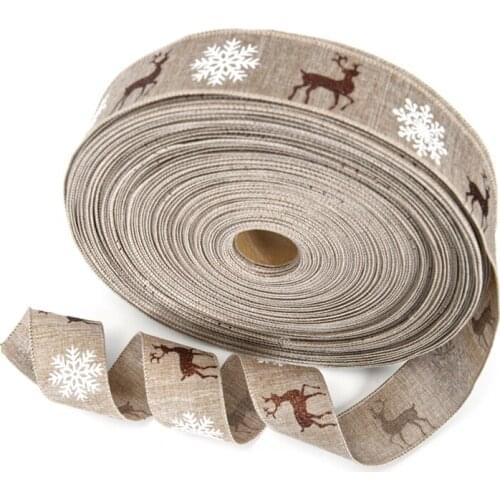 10 Rolls 5cm Wide Christmas Burlap Ribbon with Glitter Elk Snowflake Printed for DIY Crafts Bowknot Gift Wrapping Holiday Party