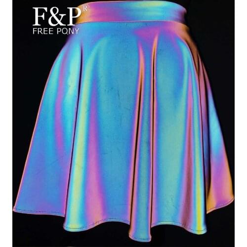 Handmade Plus Size Clothing Holographic Rainbow Reflective Skater Skirt Rave Circle Flare Skirts Burning Man Festival Costumes