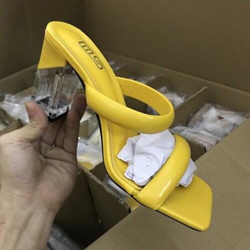 Womens Sandals 2021 Summer New Word Belt High-Heeled Slippers Square Heel Yellow PU Casual Comfortable Sandals 8.5CM