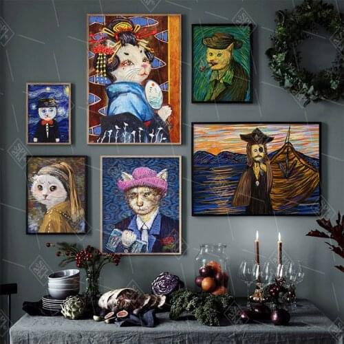 Cat Van Gogh Modern Canvas Art Cartoon Posters And Prints Wall Art Pictures For Living Room Kids Bedroom Decor Vintage Painting