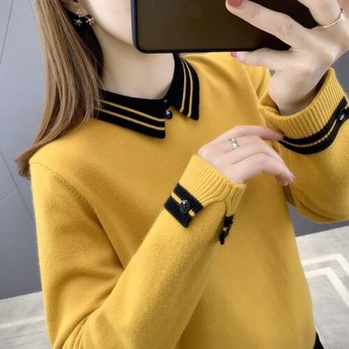 Bottoming Shirt Womens Lapel Top Large Size Loose All-match Doll Collar Knit Sweater Female Pullover All-match Sweater Autumn