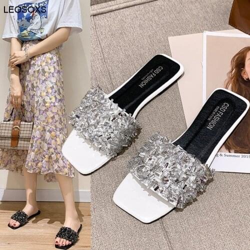 Slippers Flat Sandals And Slippers Fashion Rhinestone Net Red One-word Drag Plus Size Summer Shoes For Women