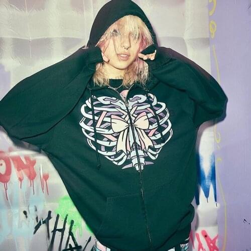 Harajuku green Zip-up hoodie Gothic graphic skull print vintage Oversized sweatshirt punk streetwear Y2k clothes cardigan album