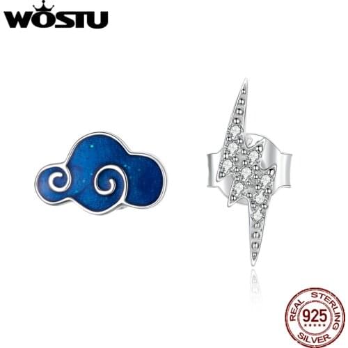 WOSTU Genuine 925 Sterling Silver CZ Stone Clouds and Lightning stud Earrings for Women Girl Anti-allergy Jewelry DAE429