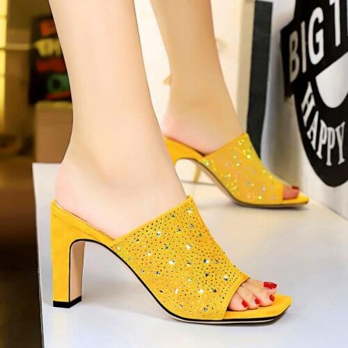 2020 Thick High-heeled Slippers Women Slim Sexy Color Diamond Sandals Party Square Toe Flock Heel Female Crystal Slippers Yellow