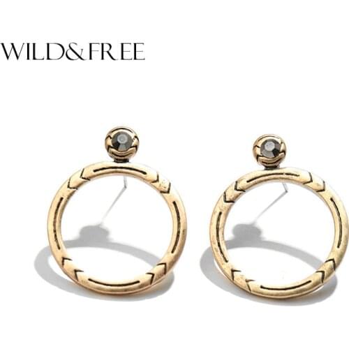 Women Vintage Hollow Round Stud Earrings with Rhinestone Statement Jewelry Antique Gold Bohemia Fashion Earrings for Party