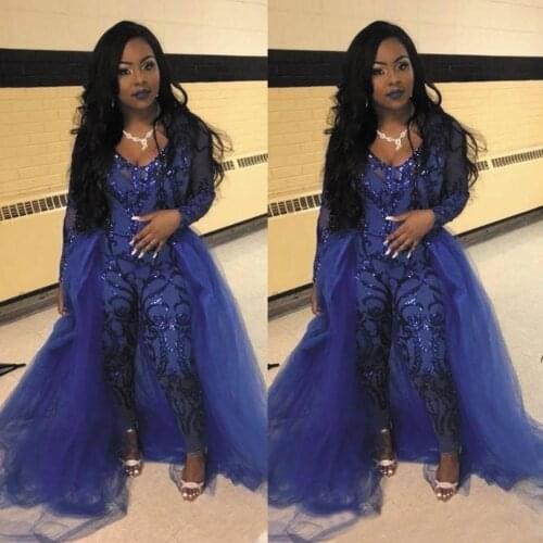 SuperKimJo Sparkly Royal Blue Jumpsuit for Women Detachable Skirt Elegant African Pant Suit for Weddings Abiti Da Cerimonia
