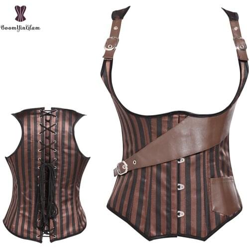 Striped Corset Vest Women Corsets Spiral Steel Boned Korset Fashion Satin Brown Steampunk Bustier Pirate Gothic Gorset Sexy Hot
