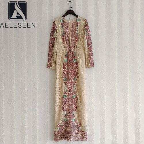 AELESEEN Runway Fashion Spring Autum Women Lace Dress Full-Lenght Flower Embroidery Elegant Silm Long Splited Party Dress
