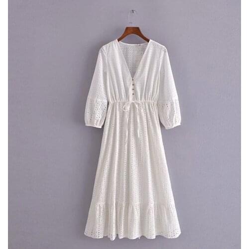 DOUJILI 2021 Fashion Women Solid White Dress V Shape Collar Long Sleeve Ladies Elegant Midi Dress For Lady Girl Gift