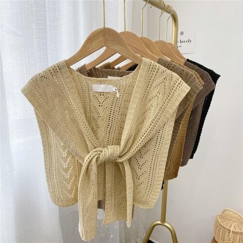 2021 Knitted Crochet Hollow Fake Collar for Women Small Shawl with Sleeve Sunscreen Neck Wear Detachable Shirt Collar Blouse Top