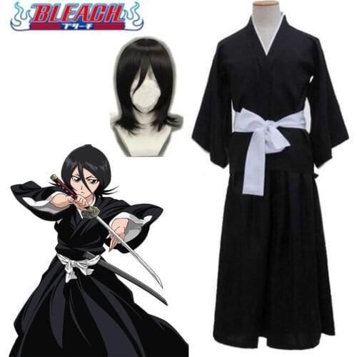 Anime Bleach Kuchiki Rukia Cosplay Costume Rukia Kuchiki Wigs and Kimono Uniform Sets Die Pa Bleach Costumes Halloween For Men