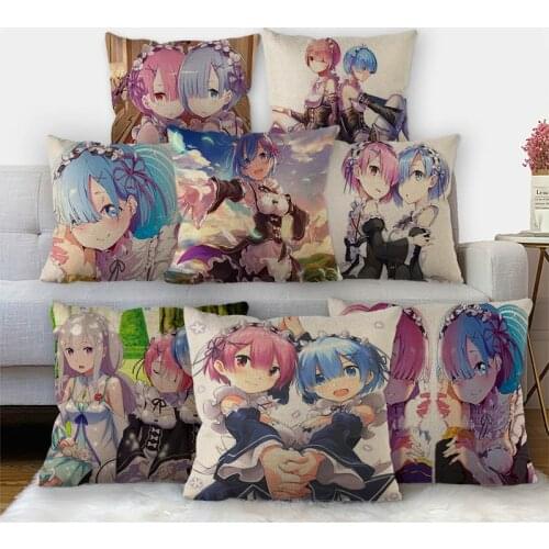 Custom Re Zero Anime Pillowcase High Quality Home Textile Cotton Linen Fabric 45x45cm One Side Decoration Pillow Cover 11-17