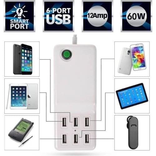 Double Yi 12A 60W Multi-Use 6 Ports USB Desktop Wall Home Travel Charger Power Adapter Hub