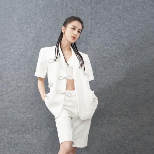 Elegant Two Piece Sets Womens Fashion Design White Rhinestone Bow Loose Suit Jacket + High Waist Short Pants Outfits 2020 New