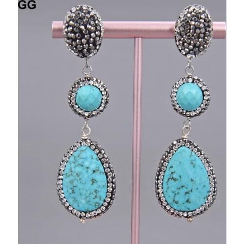 GuaiGuai Jewelry Teardrop Blue Turquoise Gems Stone CZ Pave Macarsite Dangle Stud Earrings