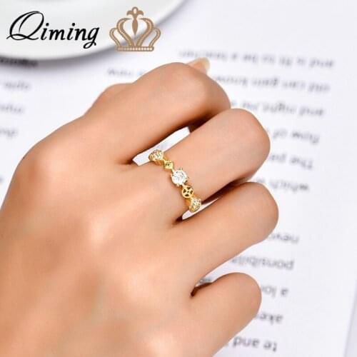 QIMING Exquisite Zircon Gold Rings For Women Sweet Wedding Party Girls' Luxury Jewelry Student Finger Simple Ring Bague