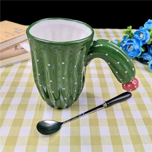 Ceramic Mug with Cactus Appearance Modern Art Design Irregular Cup with Spoon Enclosed for Home Office 430ML XH8Z