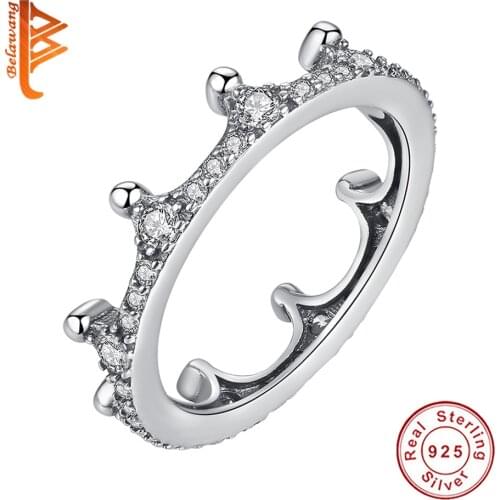 BELAWANG Fashion 925 Sterling Silver Romantic Stackable Crown Clear CZ Stone Round Finger Rings for Women Wedding Silver Jewelry
