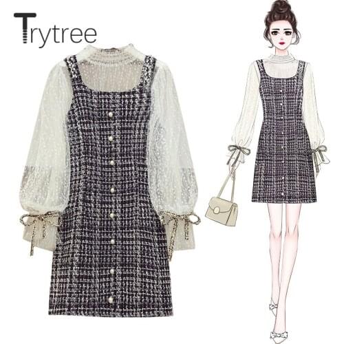 Trytree 2021 Spring Two piece set Casual Stand Collar Dot Mesh Tops + Single Breasted Plaid Mini Suspender Dress Set 2 Piece Set