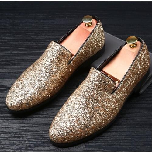 Coslony Loafer Dress Shoes 2021 New Diamond Pointed Toe Shoes Gold Silver Flat Leather Shoes Men Paillette Fashion Mens Leather