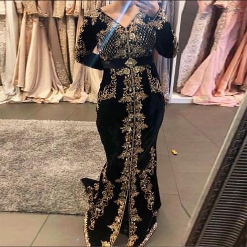 Fashion Black Velour Mermaid Moroccan Kaftan Evening Dresses Sequin Appliques Crystals Dubai Arabic Islamic Long Prom Party Gown