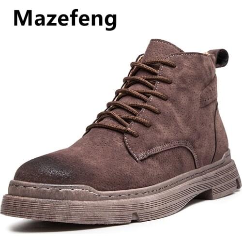 Mazefeng Mens Boots Man Martins Boots Ankle Boots Male Large Size Patent Leather Crazy Horse Skin Boots Suede Tooling Boots