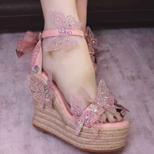 New summer straw braided one-word buckle wedge high heel all-match fashion butterfly sandals shoes banquet dress womens shoes