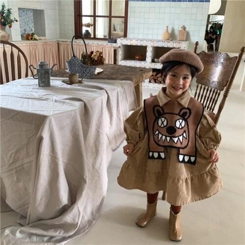 2021 Autumn New Kids Clothes Corduroy Dress Girls Puff Sleeve Sresses Knitted Shawl Korean Children Clothing