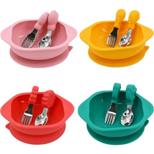 Childrens Dishes Baby Silicone Sucker Bowl Infant Anti-fall Collision Plate Tableware Set Training Eating Tools BPA Free