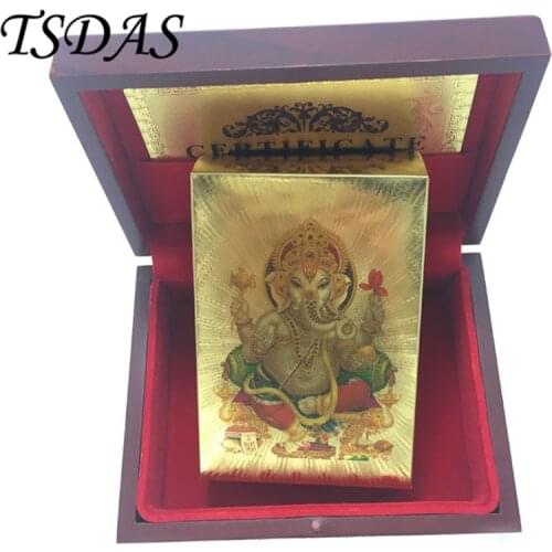 Durable Plastic Gold Foil Poker Cards 24kt Gold Plated Indian Buddha Statue Gold Playing Cards With Wooden Box & Certificate