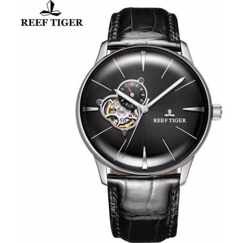Reef Tiger/RT Dress Men Watches Sapphire Glass Tourbillon Steel Mechanical Watches Genuine Leather Strap Analog Automatic Watche