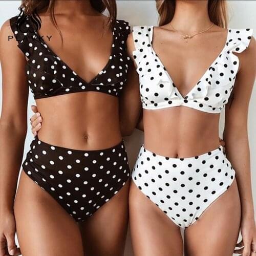 Sexy Retro Cute V-neck Dotted Flounced Swimsuit High-waisted Swimwear Bikini Set, Size: M