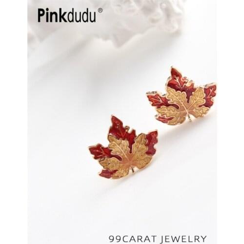 Pinkdudu Fashion Korean Simple Maple Leaf Stud Earrings Red Gold Enamel Leaves Stud Earrings for Women Jewelry Accessories PD277