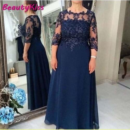 2020 Navy Blue Mother Of The Bride Dresses Plus Size 3/4 Sleeve Appliques Beaded Chiffon Groom Mother Dresses Cocktail Dress