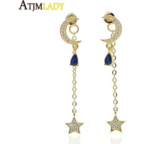 Tear drop blue cz charm dangle earring 2019 new design moon star white CZ fashion trendy women dainty tassel chain jewelry