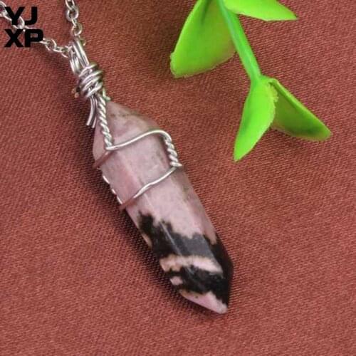 YJXP 1 Pcs Rhodonite Stone Pendant Link Chain Necklace Wire Winding Hexagon Prism Stones Reiki Necklaces for Women Charm Jewelry
