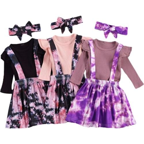 Girl’s Skirt Three Piece Suit Fashion Solid Color Long Sleeve T-shirt Tie-dye Print Suspender Skirt and Headband Outfits