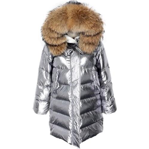2020 New Winter Long Duck Down Jacket Women Real Fur Coat Fashion Parkas Real Fur Collar Thick Warm Silver Streetwear Outerwear