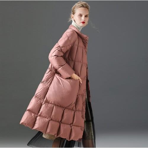 Women Waterproof Down Coats Dusty Rose Argyle Pockets Large Outwear Long Oversized Scarf Stand Collar White Duck Down Clothes