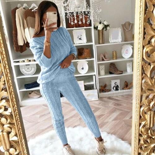 Women Autumn Winter Two Piece Set Knit Outfit Sweater Pants Trousers Two Piece Set Plaid Sweater Set Elegant Office Set