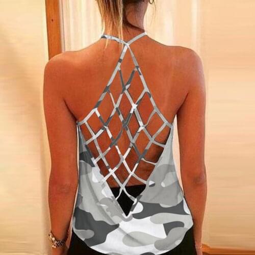 Womens Casual Camis Camouflage Print Hobo Vest O-neck Sleeveless Sexy Vest Fashion Tank Top Sports Hollow Open Back Loose Vest