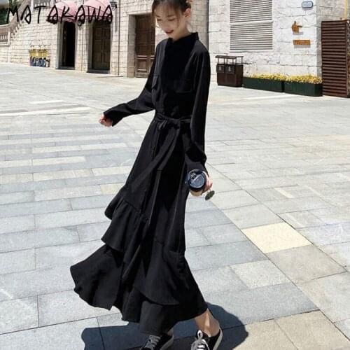 Matakawa Autumn Dresses for Women Korean Lapel Long Sleeve High Waist Lace Up Vestidos Black Oversize Ruffles Hem Oversize Dress
