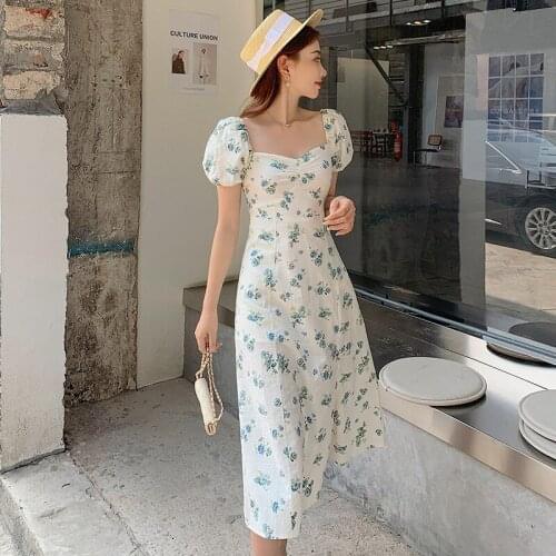 French Retro Mori Floral Square Collar Bubble Sleeve Hepburn Split Dress In Summer 2021 New Vestidos De Mujer Sukienka