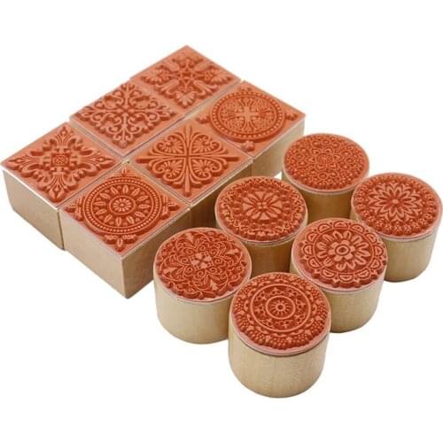 12Pcs Wooden Stamps Floral Pattern Circles and Squares Decorative Rubber Wooden for DIY Craft Card and Scrapbooking