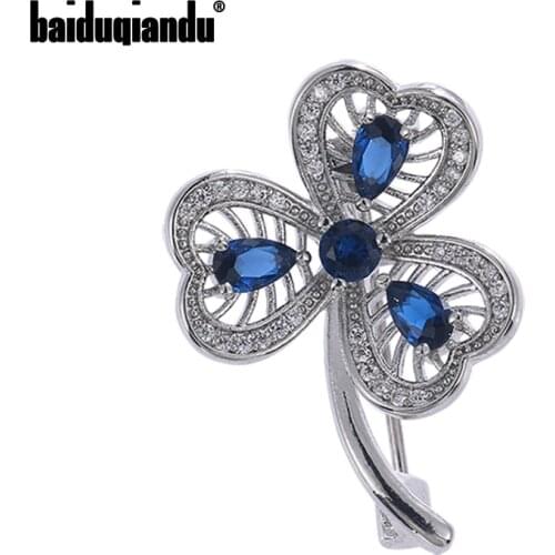 Baiduqiandu Blue Cubic Zircon 3 Leaves Brooches For Women Men Luxury Flower Plant Pins Wedding Banquet Brooches Pins Gift
