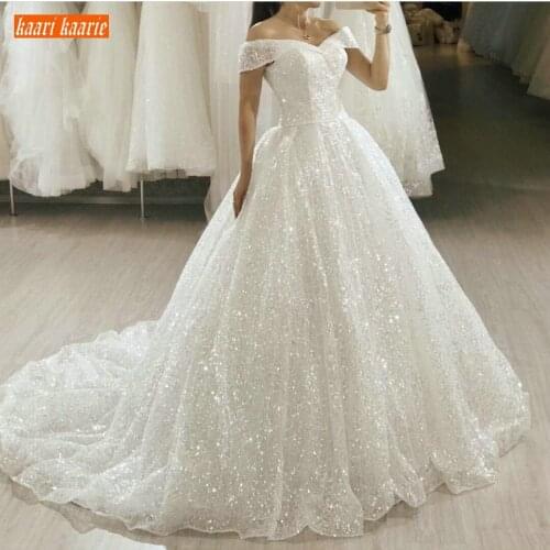 Glitter Boho White Wedding Dresses Long 2020 Bling Bling Sequin Sweep Train Bride Gowns Princess Church Bridal Dress Custom Made