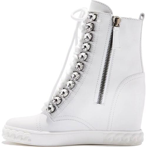 Bling rhinestone studs woman inner height increased ankle boots high top crystal wedge sneaker full grain leather zip bottines